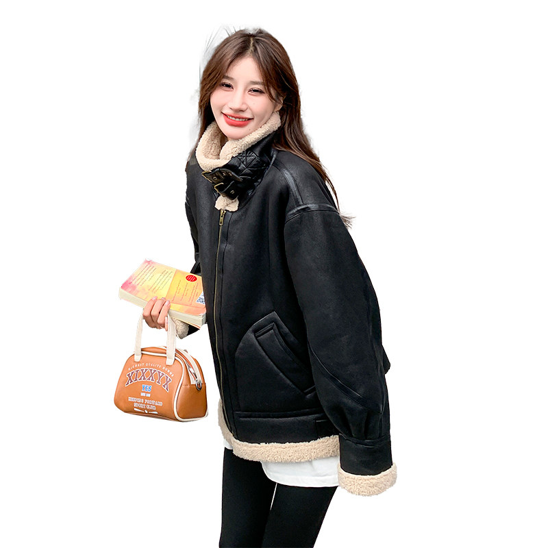 冬季新款，麂皮绒加厚宽松羊羔毛皮毛一体机车服外套2359P195K288,女装短外套,2C029