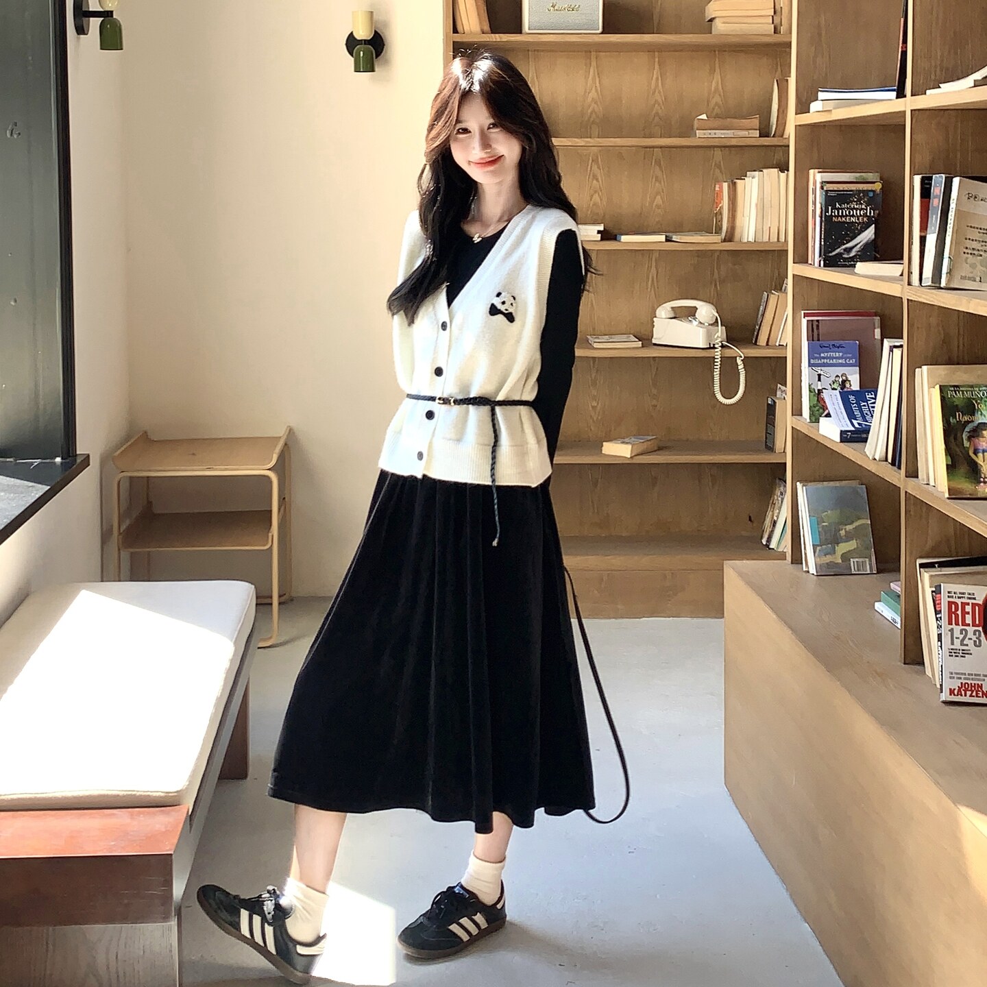 设计感秋冬时尚套装女显瘦针织马甲背心长袖打底连衣裙叠穿两件套,女装套装/套裙,2C166