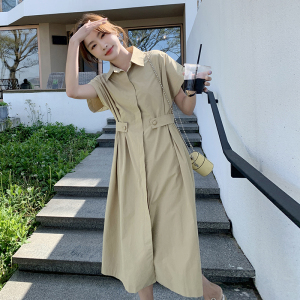 现货！卡其色衬衫连衣裙女夏法式气质收腰显瘦长裙3010P120控178图片