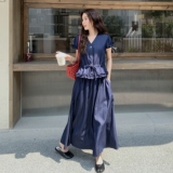 法式藏青色花边衬衫半身裙套装女夏新款轻薄小个子两件套连衣裙，女装套装/套裙，2C212