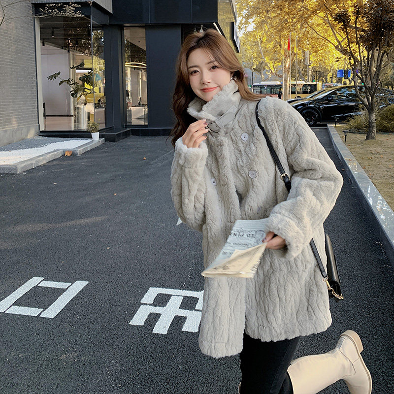 现货高级感中长款宽松灰色羊羔毛皮毛一体大衣2376P185K268,女装皮草,2C029