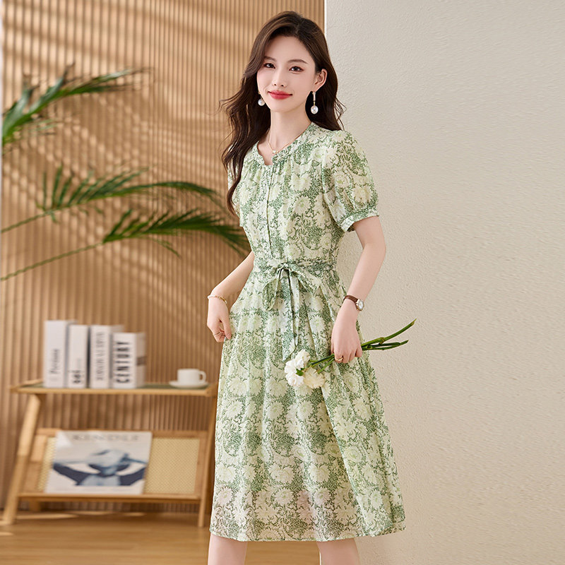 【现货】洋气碎花连衣裙女时尚流行系带收腰1C115-6223-P115-K258,女装连衣裙,吾爱衣