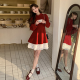 红色金丝绒连衣裙女春秋2025新款法式收腰小香风绝美设计感，女装连衣裙，2D148