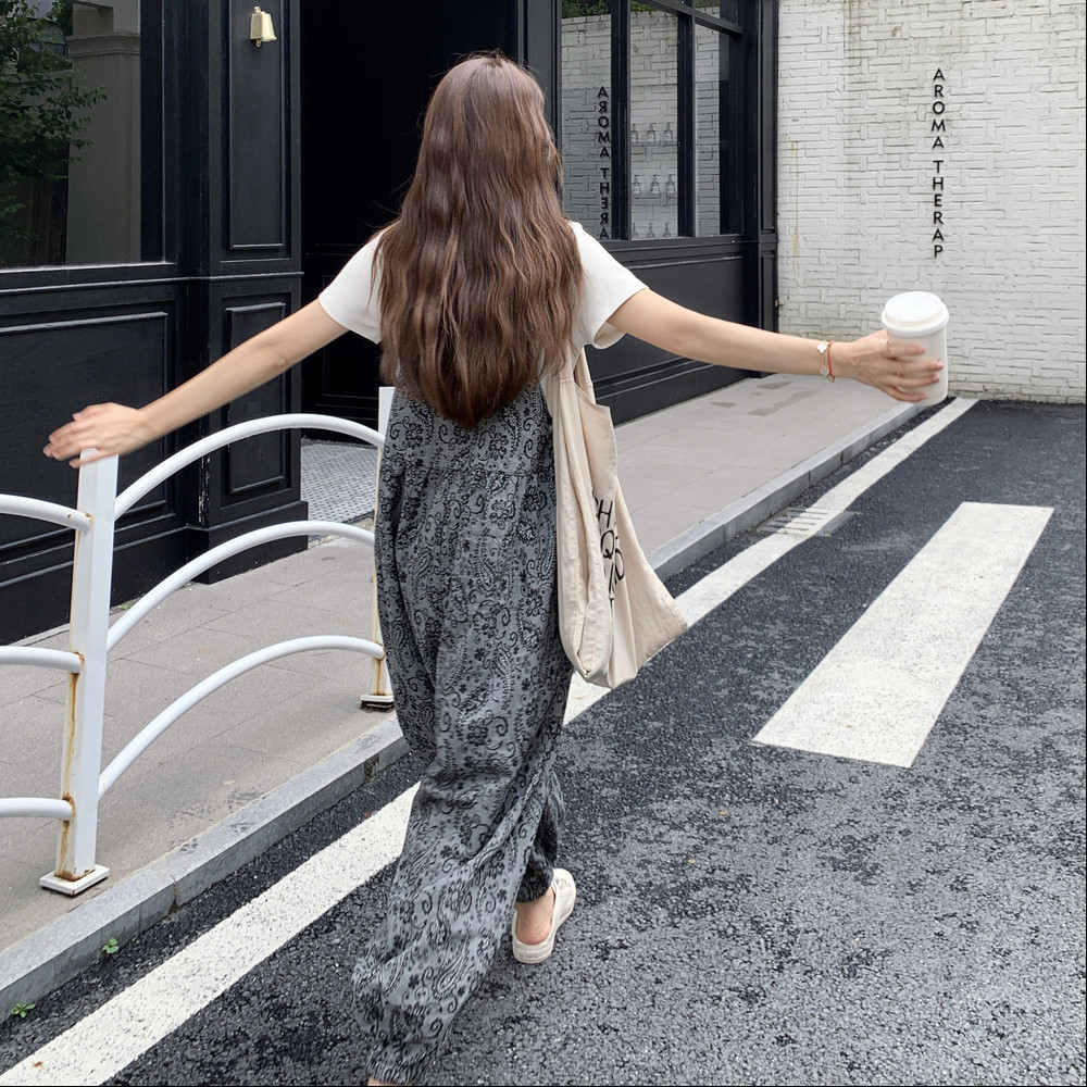 可调节印花背带裤女夏季2025新款韩系高级感小个子穿搭连体裤潮,女装套装/套裙,2C259