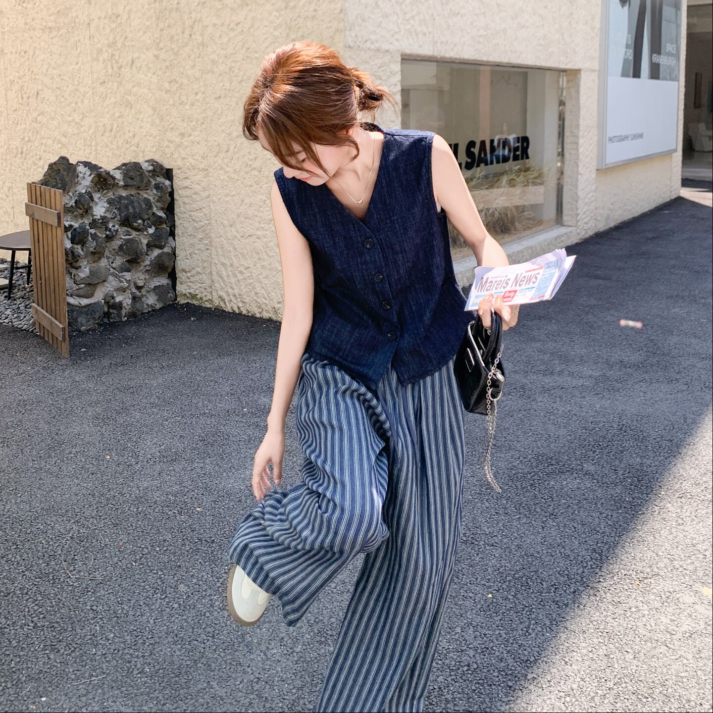 气质减龄马甲条纹阔腿裤套装女2025年夏季新款韩系休闲显瘦两件套,女装套装/套裙,2C277
