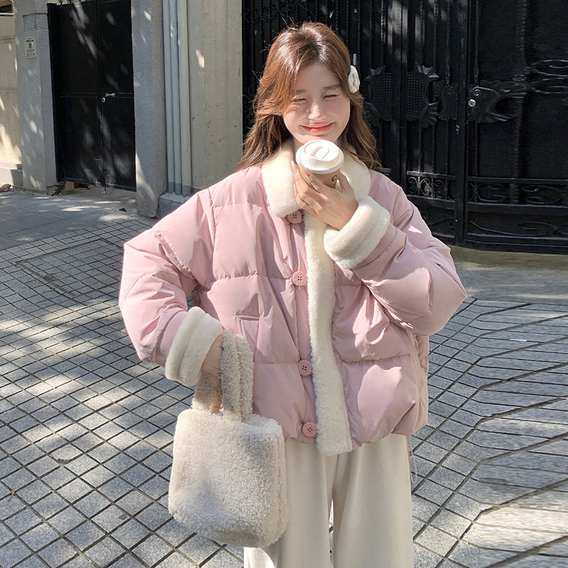 羊羔毛拼接粉色羽绒服女冬季小个子温柔风90白鸭绒韩系短款面包服,女装羽绒服,2B222