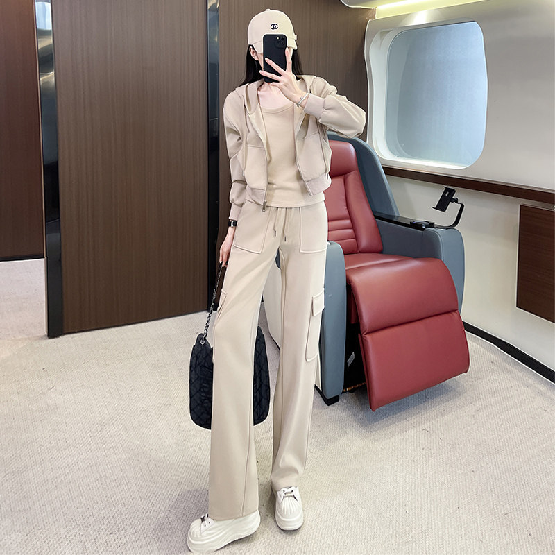 女秋连帽开衫卫衣修身显瘦打底阔腿裤三件套图片
