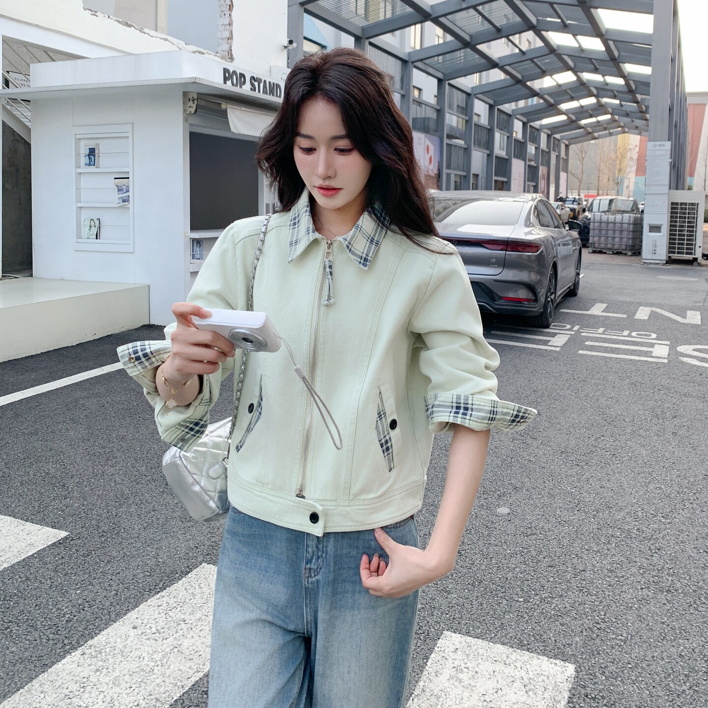 档口现货/格子拼接撞色休闲百搭牛仔外套2C233-908-P145-K248,女装短外套,2C233