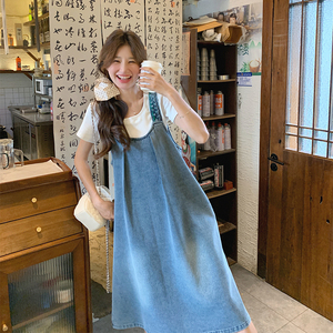 韩版甜美学院风牛仔背带裙女2025夏季新款法式宽松显瘦减龄长裙子图片