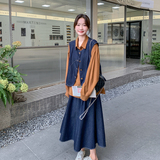 法式复古牛仔套装连衣裙女2025春秋设计感小众慵懒风半身裙三件套，女装套装/套裙，2C166