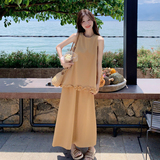 多巴胺度假风穿搭黄色无袖套装女夏超火好看绝美背心半身裙两件套，女装套装/套裙，2C159
