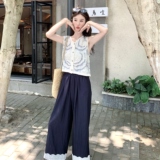 波西米亚镂空刺绣马甲上衣蕾丝拼接阔腿裤套装两件套女夏韩系绝美，女装套装/套裙，2C135