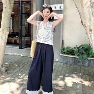 波西米亚镂空刺绣马甲上衣蕾丝拼接阔腿裤套装两件套女夏韩系绝美图片