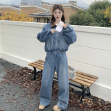 蓝色复古休闲牛仔套装女2025春秋季新款显瘦夹克外套阔腿裤两件套，女装套装/套裙，2C135
