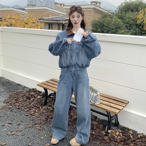 蓝色复古休闲牛仔套装女2025春秋季新款显瘦夹克外套阔腿裤两件套图片