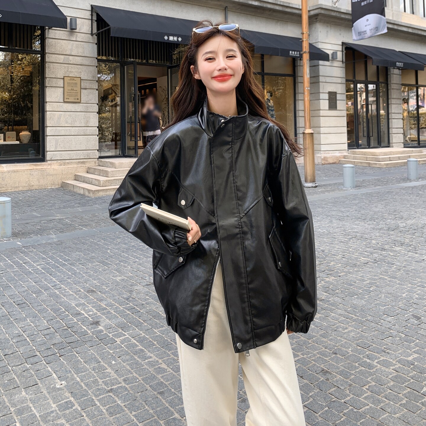 黑色复古机车服皮衣外套女2025秋季新款宽松休闲百搭夹克上衣潮,女装皮衣,2C325