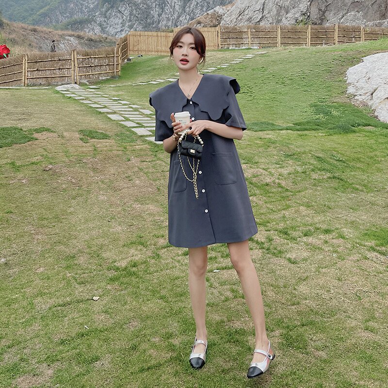 灰色娃娃领连衣裙女2025夏季新款韩版宽松学院风减龄短袖西装裙子图片