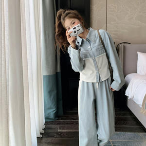 牛仔拼接休闲运动套装女2025春秋季新款韩系宽松显瘦阔腿裤两件套图片
