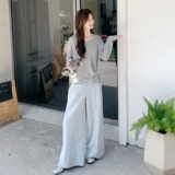 韩系减龄穿搭灰色针织衫套装女春秋超火好看独特漂亮阔腿裤两件套，女装套装/套裙，2C135