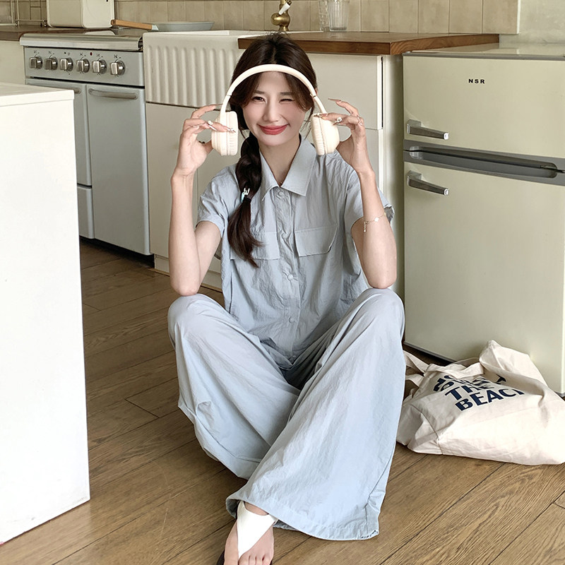 蓝色翻领短袖衬衫休闲裤套装女2025夏新款高级感显瘦阔腿裤两件套,女装套装/套裙,2C088
