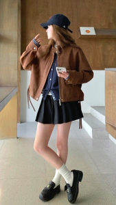 美拉德复古麂皮绒外套女2025秋季新款今年流行休闲小个子立领夹克图片