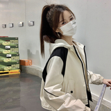 韩版撞色拼接连帽外套春季女2025新款休闲宽松设计感显高短款上衣，女装风衣，2C218