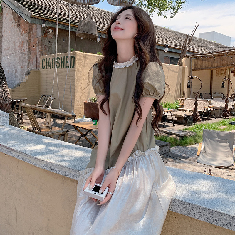 小众设计撞色不规则连衣裙女夏2025年新款法式别致绝美泡泡袖长裙,女装连衣裙,2C057