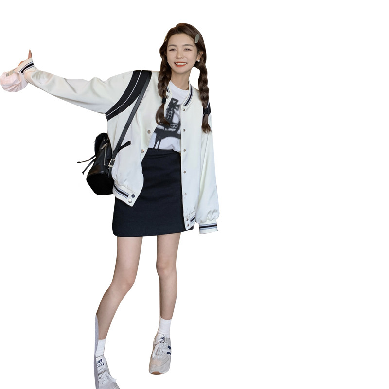 美式复古休闲白色棒球服外套女春季2024新款小个子高级感夹克上衣,女装短外套,2C066