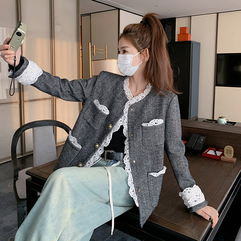 千金风高级感蕾丝花边拼接小香风外套女2024秋季新款设计感小个子,女装短外套,2C299