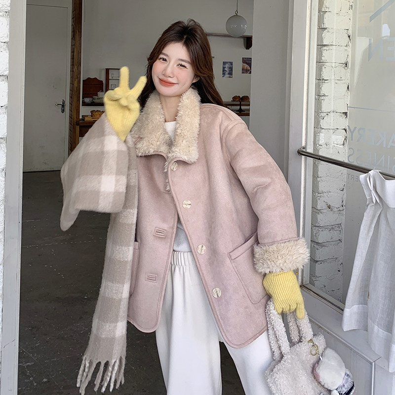 甜美粉色麂皮绒两面穿皮毛一体羊毛羔外套女秋冬2025新款加厚棉服,女装棉衣/棉服,2C122