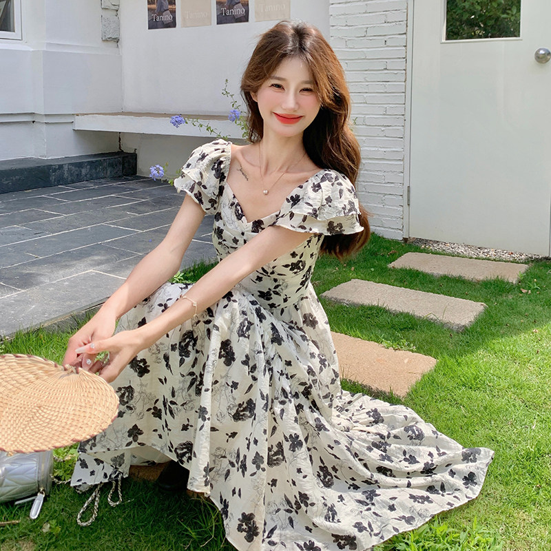 法式桔梗碎花露腰连衣裙女2025夏季新款韩版收腰显瘦气质a字长裙,女装连衣裙,2C122