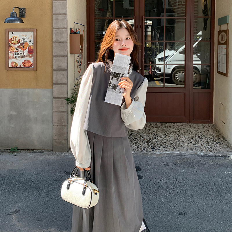 赫本风假两件长袖连衣裙女2024早秋新款法式收腰显瘦衬衫气质裙子图片