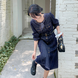 韩系复古高级感牛仔连衣裙女2025秋季新款通勤气质收腰显瘦中长裙，女装连衣裙，2C177