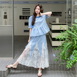 蓝色格子休闲套装裙女2025年夏季新款巨好看网纱拼接半身裙两件套，女装套装/套裙，2C117