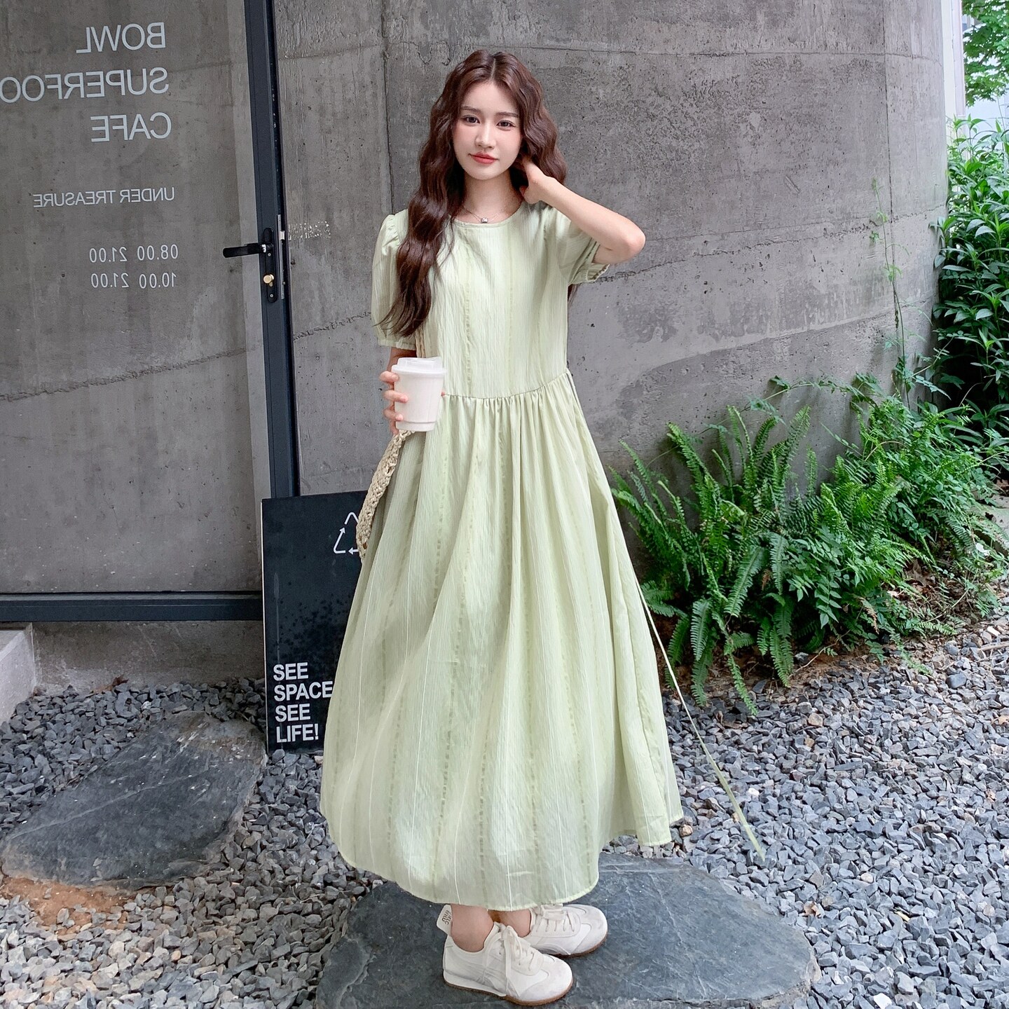 绿色小清新泡泡袖连衣裙套装女夏新款韩系时尚洋气蕾丝马甲两件套,女装套装/套裙,2C259