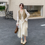 高级感小众马甲连衣裙套装女2025春秋季新款温柔风显瘦长裙两件套，女装套装/套裙，2C203