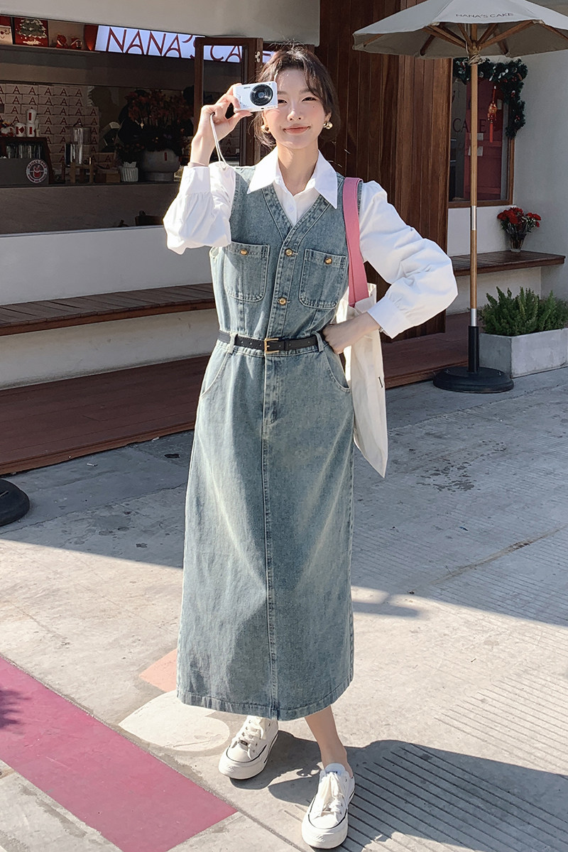 超好看复古牛仔连衣裙长袖衬衫两件套女2024春秋新款气质长裙套装,女装套装/套裙,2C159