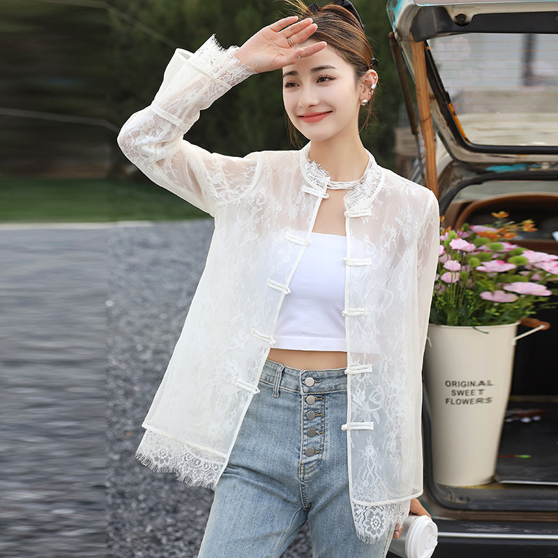 2025防晒衣女夏季新款复古盘扣风蕾丝开衫外套外搭空调衫,女装蕾丝衫/雪纺衫,2C091