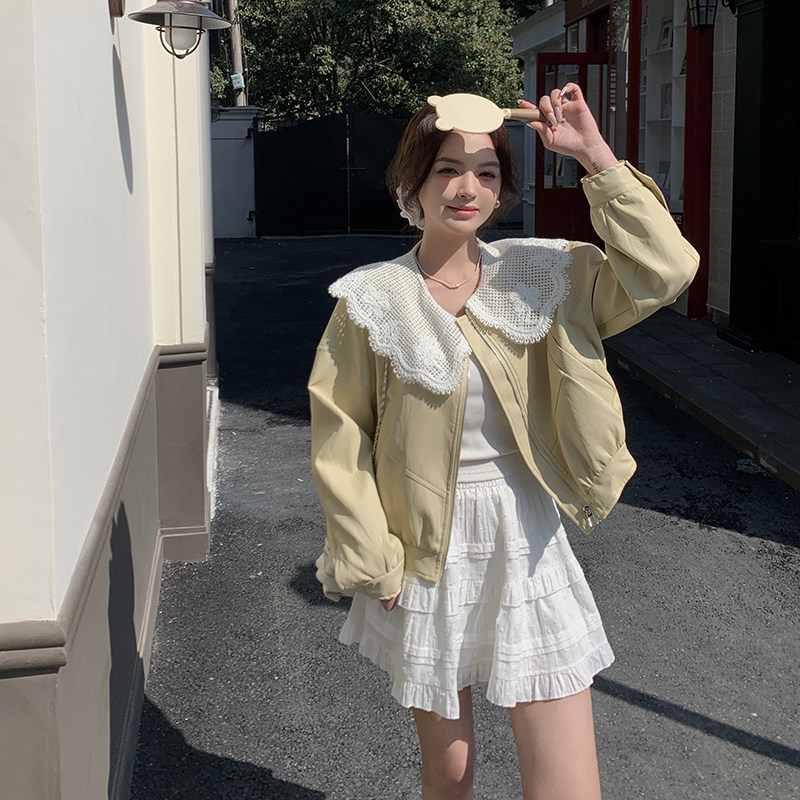 蕾丝花边大翻领皮衣外套女2025春季新款时尚高级感气质夹克上衣潮,女装皮衣,2C126