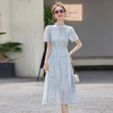 现货2025夏装新款新中式连衣裙修身显瘦遮肉风裙子中长款风，女装连衣裙，唯婧