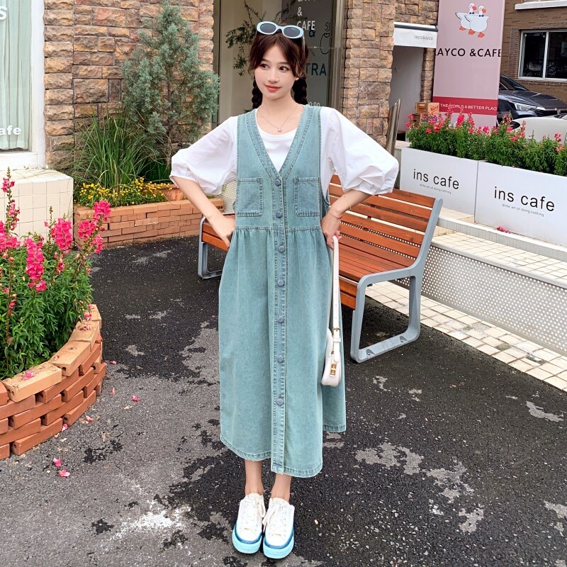 学院风减龄牛仔背带裙套装女夏季2025新款少女感百搭小衫两件套图片