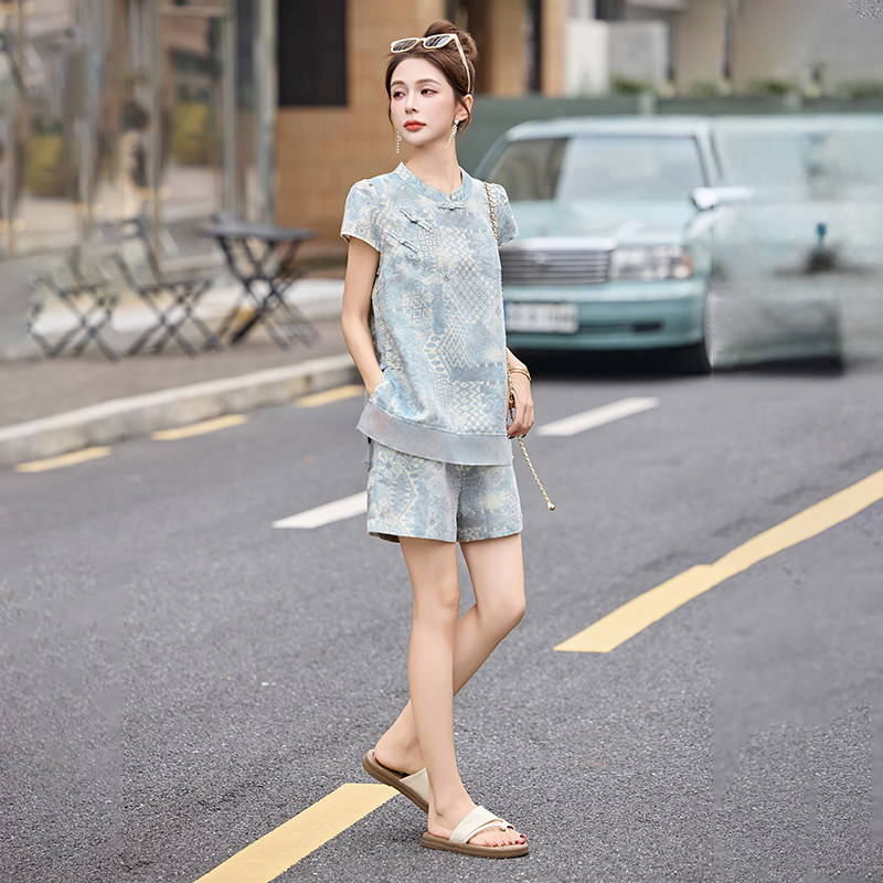 新中式国风时尚套装女2025夏装爆款小个子复古洋气减龄短裤两件套图片