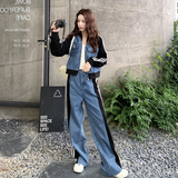2025春秋季新款韩版拼接牛仔上衣阔腿裤两件套女复古休闲显瘦套装，女装套装/套裙，2D148