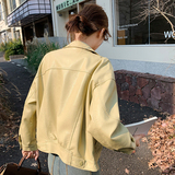 减龄黄色工装PU皮衣外套女2025春秋季新款炸街机车风显瘦夹克上衣，女装皮衣，2C233