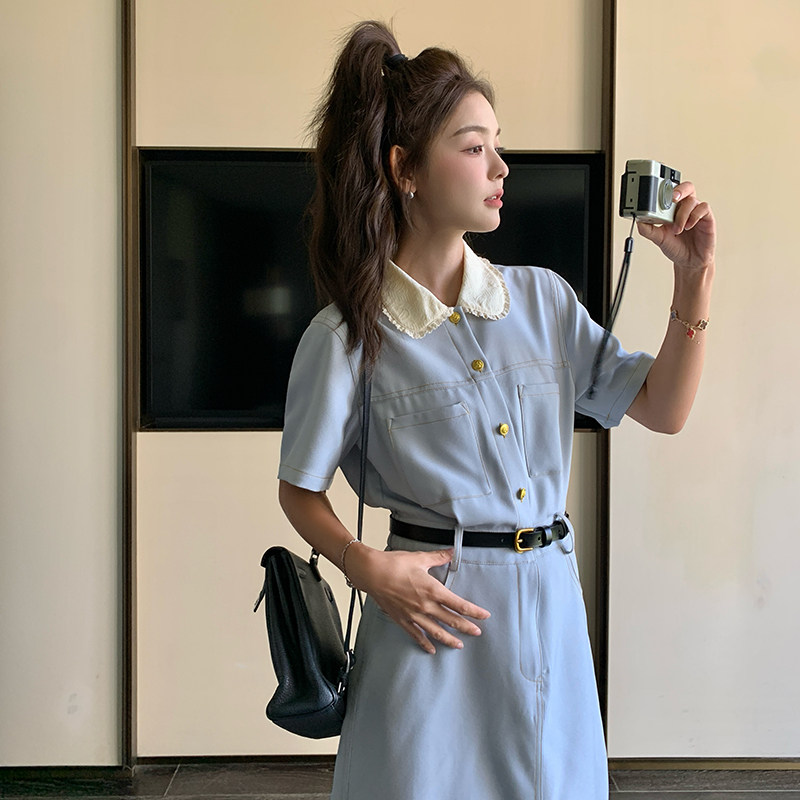 浅蓝色娃娃领小香风连衣裙女2025夏季新款别致惊艳收腰显瘦短裙子,女装连衣裙,2C122