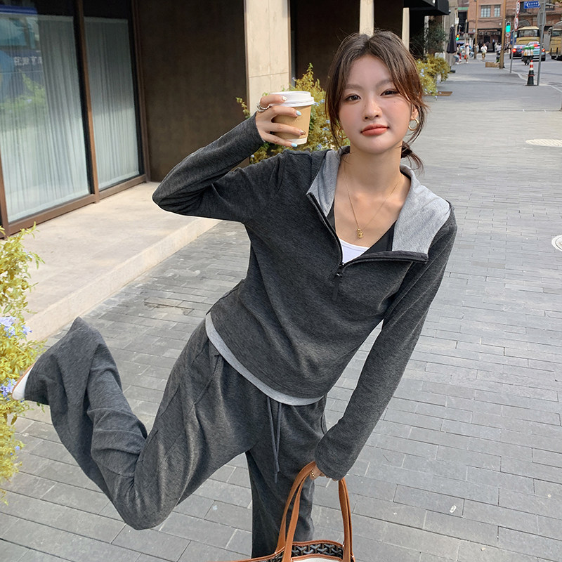 灰色休闲套装女2025新款春秋穿搭一整套减龄显瘦垂感阔腿裤两件套,女装套装/套裙,安在秀