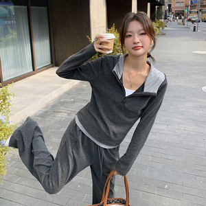 灰色休闲套装女2025新款春秋穿搭一整套减龄显瘦垂感阔腿裤两件套图片