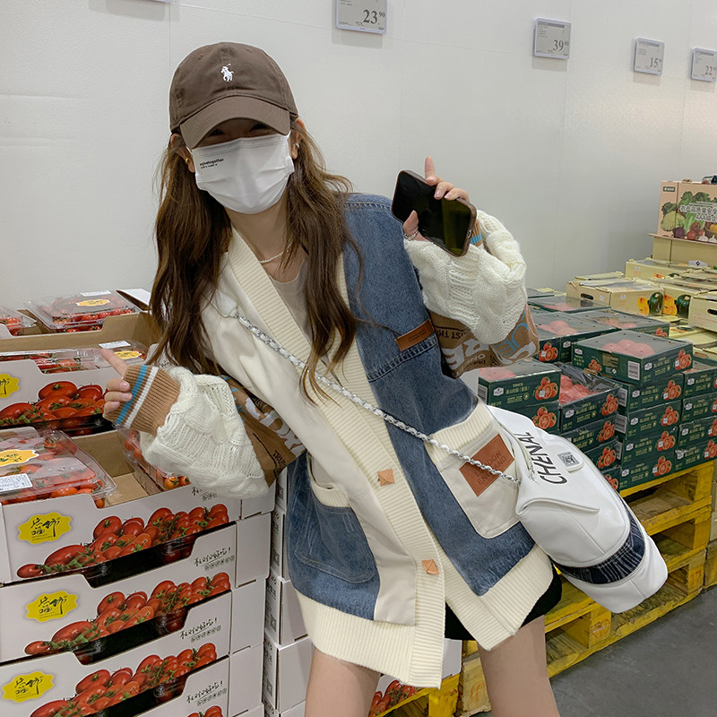 牛仔拼接毛衣开衫女宽松针织袖外套女2C112-CF66-P140-K198图片