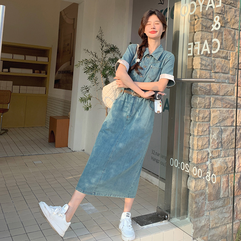 港风复古牛仔连衣裙女2025夏季新款时尚洋气减龄收腰显瘦衬衫长裙,女装连衣裙,2C098