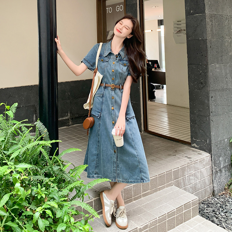 法式复古牛仔翻领连衣裙女2025年夏季新款收腰显瘦气质衬衫长裙潮,女装牛仔裙,2C030